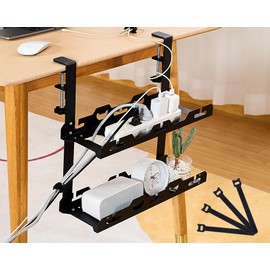 BYMECOST No Drill Under Desk Double Cable Management Tray, Sturdy Steel Under Desk Cord Hider Raceway, Metal Cable Tray with Clamp, Power Strip Cord Holder for Home Office Wire Management