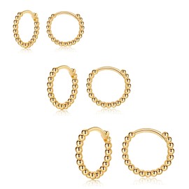 Sterling Silver Hoop Earrings for Women Grils | 3 Pairs Small Gold Hypoallergenic Ball Sleeper Huggie Hinged Hoops Set Jewelry Gifts for Birthday Wedding Multiple Piercing, 8/10/12mm