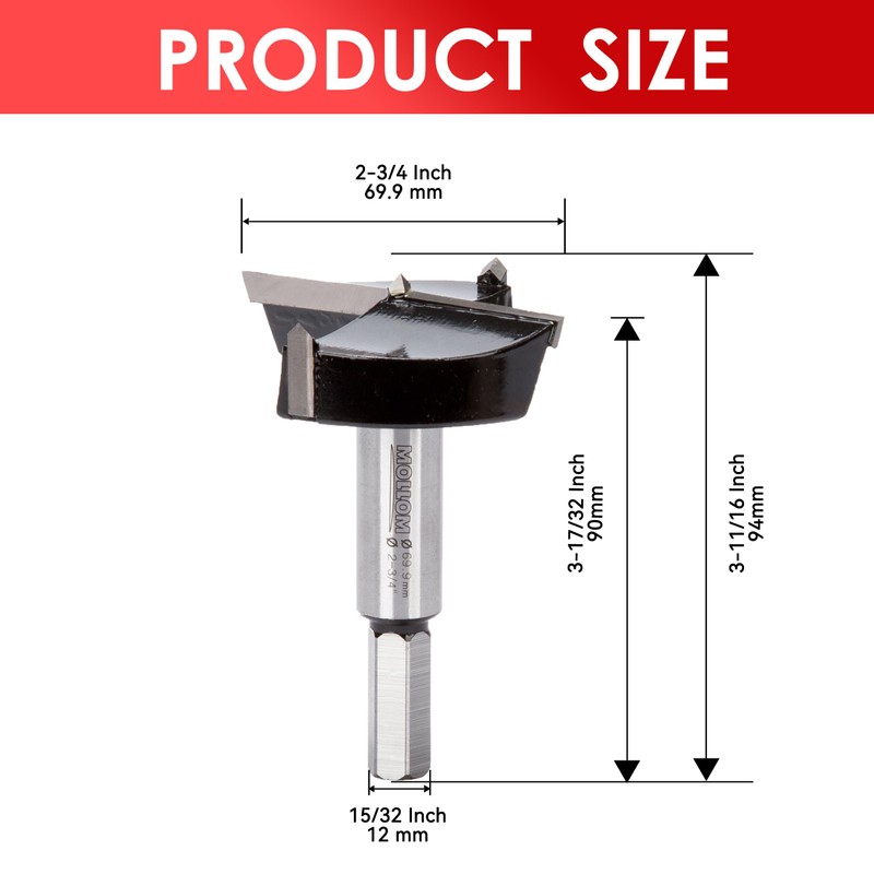 Mollom 2-3/4" (69.9mm) Forstner Drill Bit for Precise Woodworking with