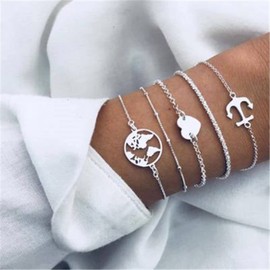 Aneneiceera Simple Love Sequin Bracelet Anchor Hand Chain Boho World Map Silver Cauliflower Chain Bracelets Hand Chain Set Jewellery Gifts for Women Teenage Girls 5-Piece Set, Metal
