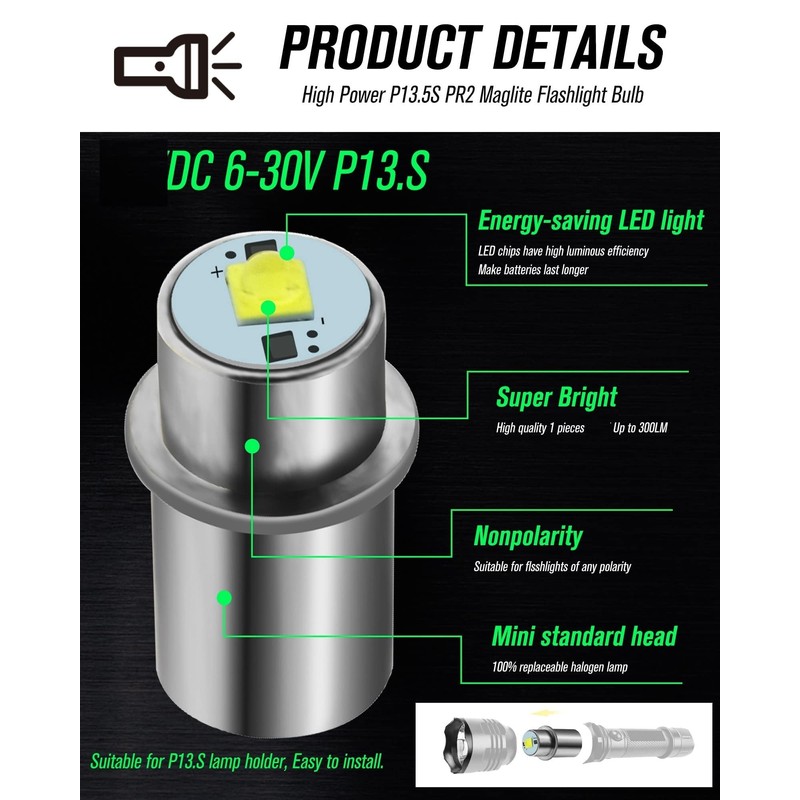 HONLEEX 2pcs DC 5-30V P13.5S PR2 Upgrade LED Flashlight Bulb,Conversion