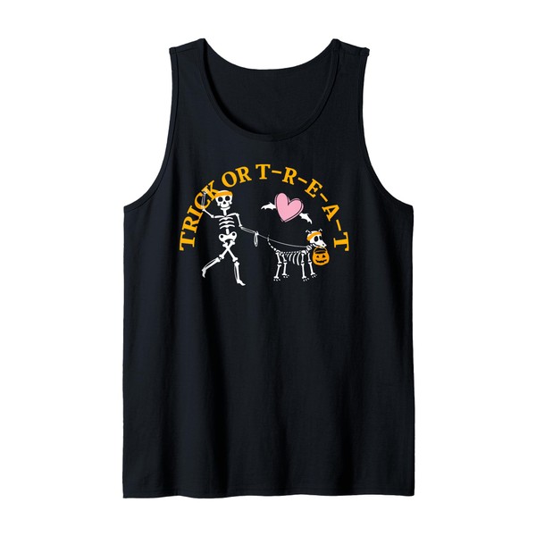 Trick or t-r-e-a-t Skeleton With Dog Funny Halloween Tank Top