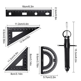 Inkurie 8 Pcs Geometry Set, Aluminum Alloy Metal Drafting Ruler Set Black Math Compass Kit Including Rulers, Protractor, Compass, Lead Refill and Eraser for Drawing and Measuring