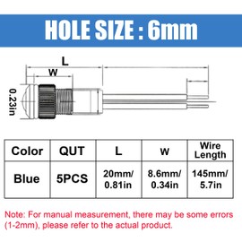 ZIMISI 5PCS 6MM 1/4" LED Indicator Light, AC/DC 12V-24V Metal Signal Pilot Lamp with 145mm Wire, Waterproof IP66 Auto LED Dash Lights for Cars Trucks Boats (Blue)