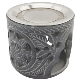 Indian Soapstone Incense Burner with Stainless Steel Strainer and Metal Disc - Shiva Design - H 9cm