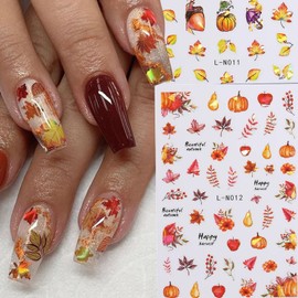 Fall Leaves Nail Art Stickers 3D Self-Adhesive Pumpkin Nail Stickers Love Autumn Leaves Nail Art Supplies for Women Nail Decorations Thanksgiving Day Accessories 6 Sheets