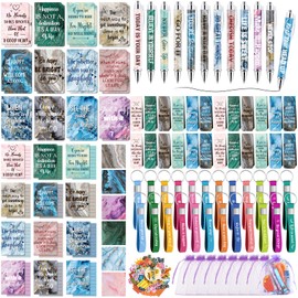 Pasimy 218 Pcs Inspirational Stationery Gifts Motivational Mini Notepad Pen Quote Bookmarks Stress Relief Stickers Inspiring Silicone Keychains for Kid Adult School Office Appreciation (Marble)