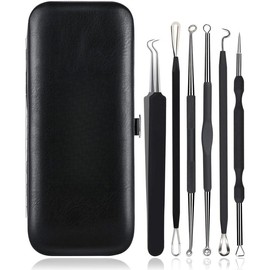 Blackhead Remover Tool Comedones Extractor  Kit for Blemish, Whitehead Popping, 6 Pcs Zit Removing for Nose Face Tools with a Leather Bag - Color: Black