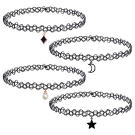 CYNOSURETECH 4 Pieces Women's Chokers, Lace Necklace, Elastic Retractable Necklace, Black Gothic Necklace, Pendant Necklace, Gift Necklace for Women