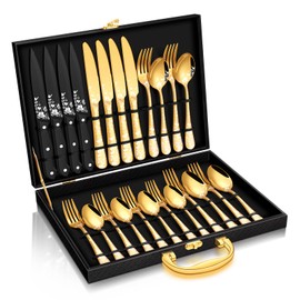 Stapava 24 Pcs Gold Silverware Set with Gift Box, Stainless Steel Gold Utensils Cutlery Flatware Set for 4, Include Forks Spoons and Knives Set for Home Wedding Party, Mirror Finish, Dishwasher Safe