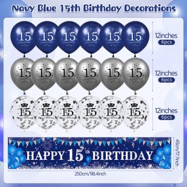 Blue 15th Birthday Decorations for Boys Girls, Navy Blue Silver Happy 15th Birthday Banner and 15th Birthday Balloons for 15th Birthday Anniversary Party Supplies