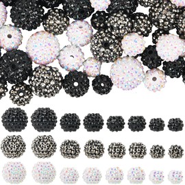 PONABEADIY 1 Box 72Pcs 12 Styles Rhinestone Round Resin Beads Black White Chunky Bubblegum Disco Ball Shiny Opaque Assorted Resin Spacer Bead for Jewellery Making Bracelets Necklaces DIY Craft Supply