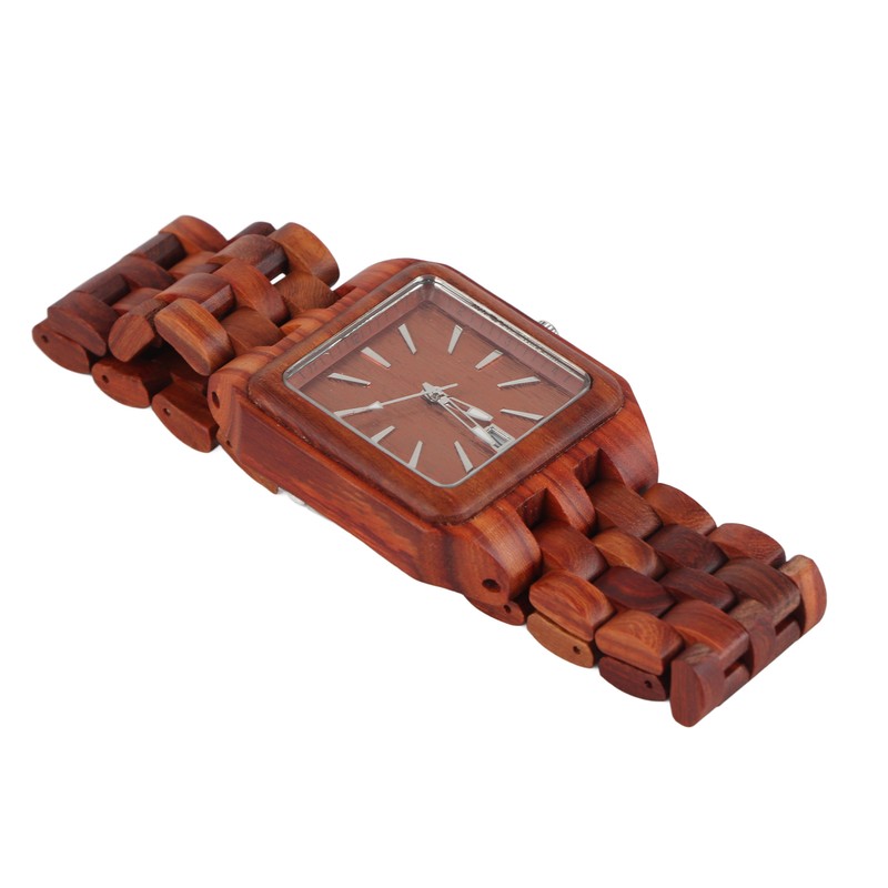 Geometric Dial Sandalwood Watch Calendar Quartz Movement Analog Wristwatch Red