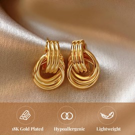 KUTUBORYU Gold Plated Chunky Dangle Door Knocker Earrings, Trendy Gold Statement Earrings for Women, Fashionable Heaven Mayhem Earrings, Modern Chunky Jewelry for Bold Looks