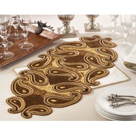 SARO LIFESTYLE 5806.GL1635 Beaded Paisley Design Table Runner, Gold, 16" x 35"