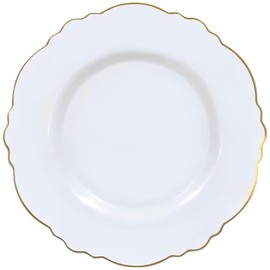 Elegant White with Gold Rim Round Blossom Disposable Plastic Dinner Plates - 10.25" - Perfect for Weddings, Parties & Events - Pack of 10
