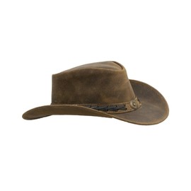WALKER AND HAWKES - Brown Premium Cowhide Leather Cowboy Hat with String Outback Antique Hat Outdoor Sun Protect Unisex - Light Brown - XX-Large (61cm)