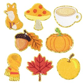 8Pcs Fall Chenille Patches Glitter Thanksgiving Pumpkin Maple Leaves Sew Iron on Repair Embroidered Applique Hello Autumn Harvest Seasonal Holiday DIY Crafts Decorative Gifts for Clothing Backpack Hat