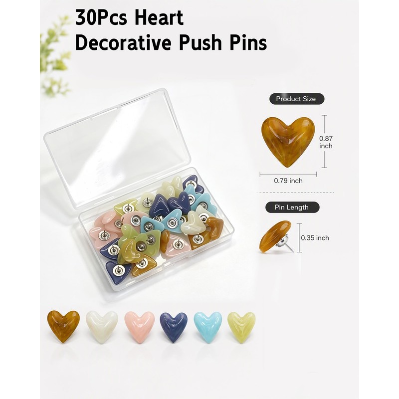 30Pcs Heart Decorative Push Pins, Cute Thumb Tacks for Cork