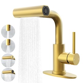 FROPO Gold Bathroom Faucet with Sprayer - Brushed Gold Bathroom Faucets for Sink 1 Hole or 3 Holes, 4 Mode Single Handle Vanity Faucet Waterfall Bathroom Faucet with Pull Down Sprayer (No Drain)