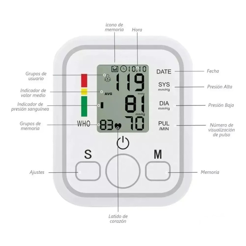 Baumanómetro Digital De Brazo Medidor Presión Arterial Pulso Color Blanco