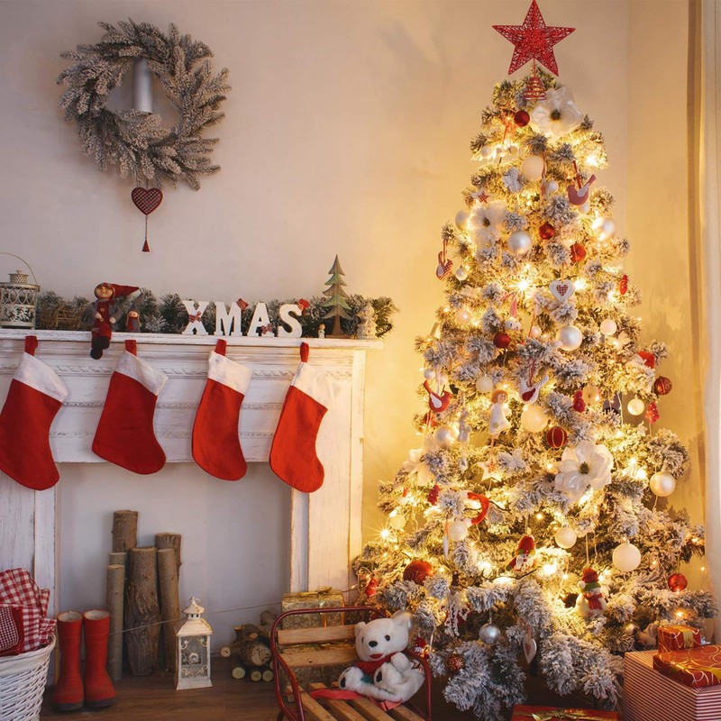 Red Metal Christmas Tree Topper Glittered Xmas Treetop Hollow Star