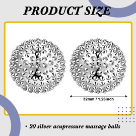 Pack of 20 Magnetic Massage Balls, Acupressure Ball for Hand, Small Hedgehog Ball for Acupressure Therapy, Magnetic Massage Ball for Parents, Relaxation, Stress Relief, 32 mm Diameter (Silver)