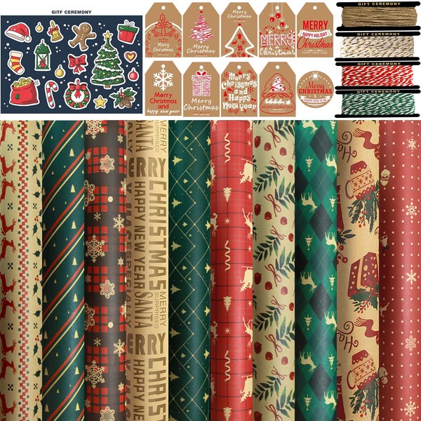 FullJoyHut Christmas Wrapping Paper Set, 10 Sheets Kraft Recycled Christmas Paper 70 x 50 cm, 10 Gift Tags, 4 Rolls of Rope Jute Ribbon Rolls Jute String Metallic for Gift Wrapping