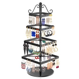 MODOWEY 4 Tier Metal Rotating Earring Holder Organizer, 112 Holes Spinning Earring Display Stand Rack, Adjustable Earring Tree Organizer for Women Girl (Square, Black)