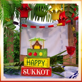 Yuntau 4 Pcs Happy Sukkot Table Decorations Sukkot Centerpieces for Tables Wooden Tabletop Party Decorations Rustic Block Sign for Tiered Tray Shelf Office Jewish Holiday Celebration Supplies
