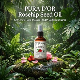 PURA D'OR Aceite de Semilla de Rosa Mosqueta ORGÁNICO de 4 Oz - 100% Puro Prensado en Frío Certificado USDA Tratamiento Anti-Envejecimiento - Rico en 