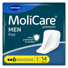 MoliCare Men Pad 3 Drops Discreet Incontinence Pads for Men, Protection for Light Leaks with Anti-Leak Guards, Instant-Dry Feeling, Advanced Skin Protection, 14 Pieces