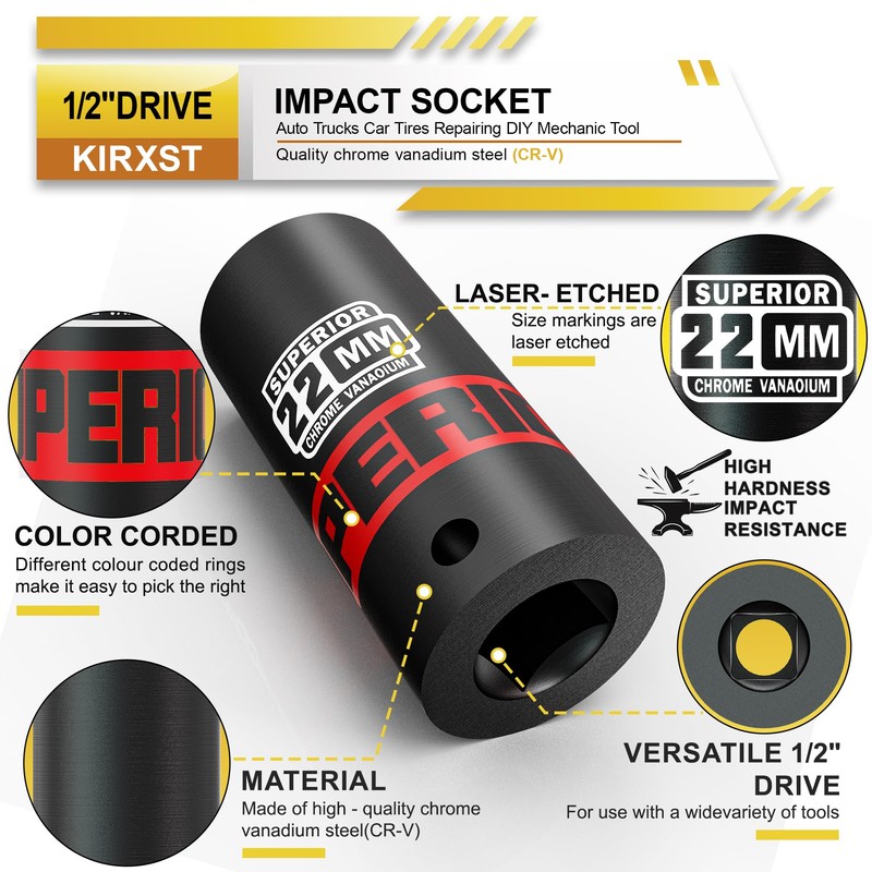 KIRXST 1/2" Drive 22mm Deep Impact Socket, 6 Point CR-V