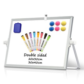 DOLLAR BOSS Magnetic Desktop Whiteboard 20x30cm Double Sided Dry Erase Small White Board with Stand, A4 Mini Whiteboard 8 Pens, 1 Eraser, for Kids Students School, Home, Office