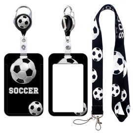 BKBKAAK Soccer Badge Holder with Lanyard, Retractable Reel Name Tag Clip, Black Sport Breakaway Lanyard with Keychain for Boy Teacher Coach