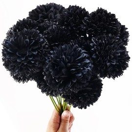TIHOOD 10PCS Black Artificial Fake Flower Plants Silk Chrysanthemum Ball Hydrangea Arrangements Wedding Bouquets Decor Home Kitchen Garden Party Table Floral Centerpieces DIY (Black)