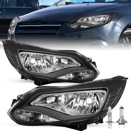 SOCKIR Headlight Assembly Bulbs Included Fit for 2012-2014 Ford Focus Headlamp Passenger and Driver Side Black Housing Clear Reflector
