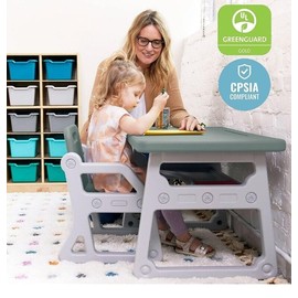 ECR4Kids KIDS TODDLER PLAY DESK + CHAIR SET STORAGE SHELF + HOLDER LIGHT GRAY Easy Clean