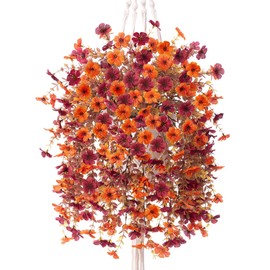 Spring Artificial Hanging Flowers for Decoration, Summer Fake Flowers with Flowerpot for Outdoors,UV Resistant Eucalyptus Leaves Silk Daisy Courtyard Patio Porch Fake Plants Garden Home (Orange Brown)