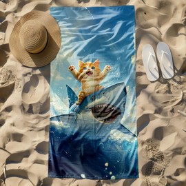 FIicy Funny Cat Shark Beach Towel, Coastal Ocean Cats Pool Towels, Cat Shark Lovers Gifts Large Beach Bath Travel Towels for Kids Girls Boys, Funny Cats Sharks Bathroom Accessories Decor, 30x60in