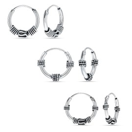 LeCalla 925 Sterling Silver Tribal Bali Hoop Earrings for Women | Balinese Art Inspired Tribal Hoops | Round Sleeper Balinese Twisted Rope Endless Hoop Earrings | 3 Pairs of Bali-Style Earrings Set