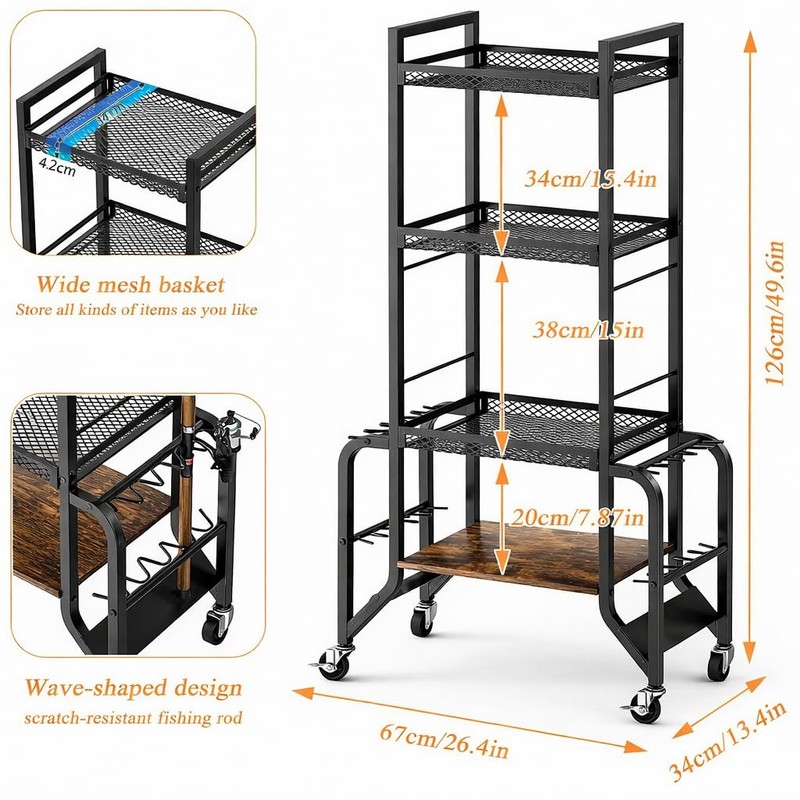 Cyfie Fishing Rod Rack, 4-Tier Mobile Heavy-Duty Holder for 10