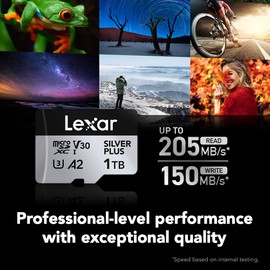 Lexar 1T Professional Silver Plus Micro SD Card, UHS-I, C10, U3, V30, Full HD & 4K, Up to 205/150 MB/s microSDXC Memory Card, for Videographers, Gamers (LMSSIPL001T-BNANU)