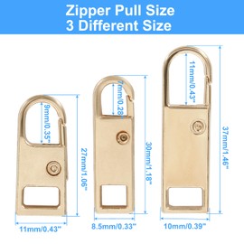 Biaungdo 6 Pcs Zipper Pull Replacement, Detachable Zipper Pull Tabs Slider Metal Luggage Zipper Handle and Fixes for Clothing Jackets Backpacks Handbags Wallet Boots Purse Coat(3 Sizes, Gold)