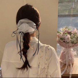 TUCEWP 2Pcs Scrunchies for Women Girls Black White Shimmer Tulle Scrunchies Thick Hair Bandana Scrunchie Soft Ribbon Bow Hair Bands Big Ponytail Holders Ballet Style Hair Ties Cute Hair Accessories