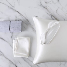 DISANGNI Silk Indulgence Set: Premium 22 Momme Mulberry Silk Pillowcase & Eye Mask Duo for Hair and Skin Rejuvenation(1pc Queen Size 20" x30", White)