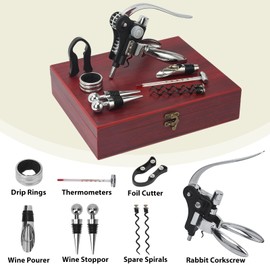 QONYFONE Wine Opener, Rabbit Corkscrew with Elegant Wooden Box, Premium 9-Piece Set, Includes Wine Stopper, Foil Cutter, Bottle Stopper, Easy Cork Removal, Great Gift for Wine Lovers, Sliver