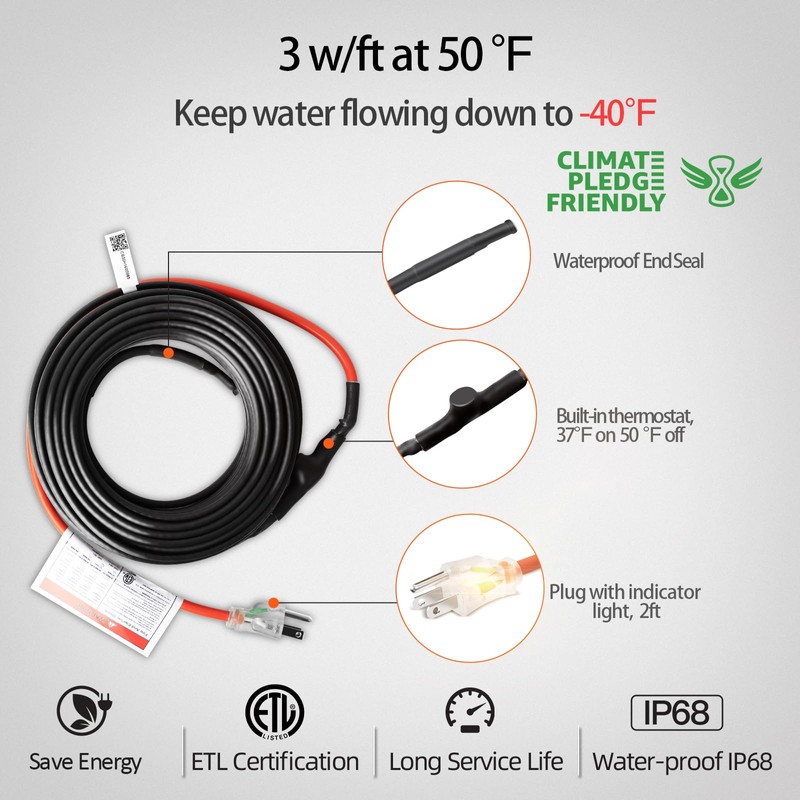 TOPDURE Intelligent Pipe Heat Cable for Pipe Freeze Protection, Self-Regulating