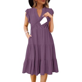CzzzyL Womens Maternity Nursing Summer Casual Midi Dress Ruffle Sleeveless V Neck Sundress 2025 Fashion Flowy Tiered Boho Beach with Pockets(Purple,Large)