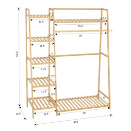 43.5" Bamboo Garment Rack - Free Standing Clothes Coat Hanger, Rolling Closet Organizer with Shoe Rack, Wardrobe Storage Shelves for Hall, Living Room, Bedroom, Office